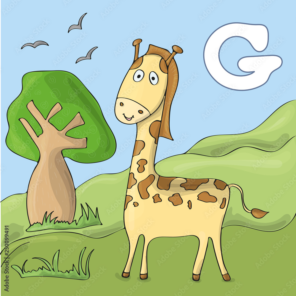 Wall mural funny giraffe at the zoo. cute animal alphabet for abc book. vector illustration of cartoon animals.