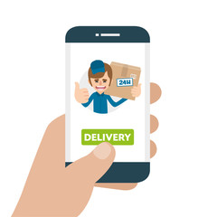 Order tracking app on smartphone screen. Package tracking. Hand holding smartphone, finger touch screen. Vector illustration