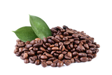 Coffee beans wtih green leafs isolated on white background
