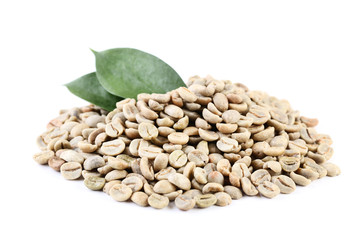 Fototapeta premium Green coffee beans with green leafs isolated on white background