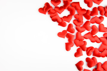 background with red hearts isolated on white background.Heart Love symbol.Space for text.top view 