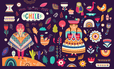 Decorative illustraion with Chileans dressed in national costumes