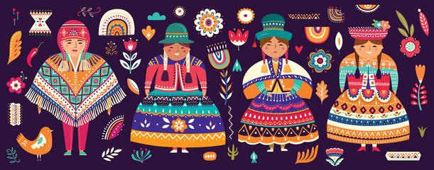 Decorative illustration with Chileans dressed in national costumes