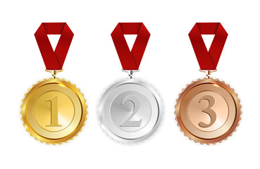 Champion Gold, Silver and Bronze Medal with Red Ribbon Icon Sign First, Secondand Third Place Collection Set Isolated on White Background. Vector Illustration