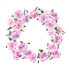 Floral rose wreath frame design template. Pink bunch roses with leaves. Hand painted in watercolor, isolated on white. White empty space for text