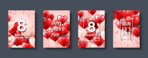 Women's day background with red balloons, heart shape.Confetti and ribbon. Love symbol. March 8. I love you. Vector illustration.