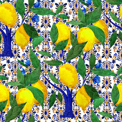 Watercolor seamless pattern with citrus trees on ikat background. Bright wallpaper with orange, lime and lemon trees. Beautiful summer print. Surface design. 