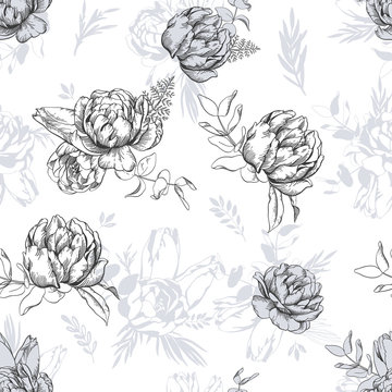 Vector sketch illustration of tulip flowers and eucalyptus leaves. Seamless floral pattern.
