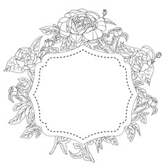 Decor for card with peonies leaves and buds in frame vector illustration