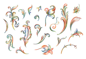 A set of Baroque or Rococo patterns in pencil, hand-drawing on a white background, isolated with clipping path. Decorative floral pattern, illustration.