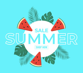 Sale banner template design, summer special offer, super summer sale. Contour Typography element with palm leaves and slices of watermelon. Vector illustration