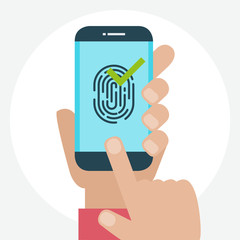 Vector illustration. Identification scannings of a fingerprint in the mobile phone. Accepted access.