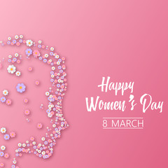 Happy Women's Day greeting card with woman face. Vector