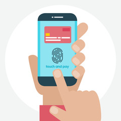 Vector illustration. Identification scannings of a fingerprint in the mobile phone. Touch and pay
