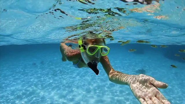 Woman snorkeling in the blue tropical sea with the school of tiny fish
