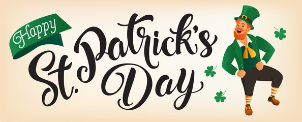 Fototapeta premium Happy St Patricks Day lettering with Leprechaun jumping or dancing.