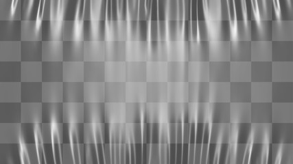 Realistic stretched white plastic warp. Polyethylene background. Vector transparent cellophane mockup.