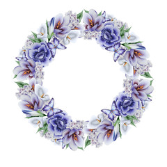 Wreath with watercolor flowers and leaves.