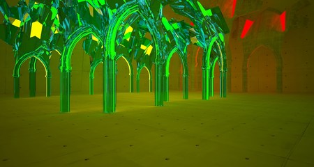 Obraz premium Abstract Concrete Futuristic Sci-Fi Gothic interior With Green And Red Glowing Neon Tubes . 3D illustration and rendering.