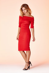 Fashion style woman perfect body shape blond hair wear red skinny short sexy dress elegance casual...