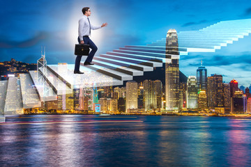 Fototapeta na wymiar Businessman climbing career ladder over city