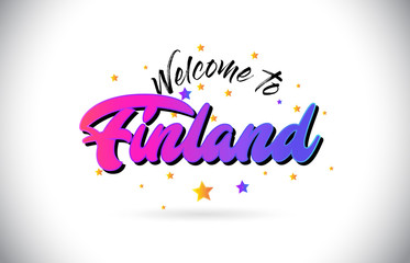 Finland Welcome To Word Text with Purple Pink Handwritten Font and Yellow Stars Shape Design Vector.