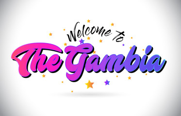 The Gambia Welcome To Word Text with Purple Pink Handwritten Font and Yellow Stars Shape Design Vector.