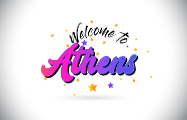Athens Welcome To Word Text with Purple Pink Handwritten Font and Yellow Stars Shape Design Vector.