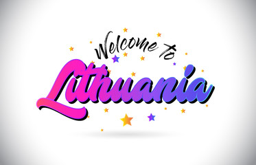 Lithuania Welcome To Word Text with Purple Pink Handwritten Font and Yellow Stars Shape Design Vector.