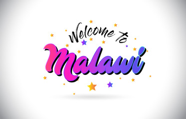 Malawi Welcome To Word Text with Purple Pink Handwritten Font and Yellow Stars Shape Design Vector.