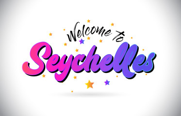 Seychelles Welcome To Word Text with Purple Pink Handwritten Font and Yellow Stars Shape Design Vector.