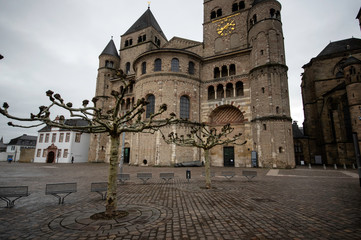 Fototapeta na wymiar EXternal view of Trier Saint Peter's cathedral and a tree in front of it