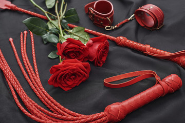 Playing BDSM games. Top view of bdsm leather kit (handcuffs, whip) and roses against of black silk...