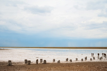 Beautiful natural textural background on a salt lake, river. Salt lake Elton, Russia, before rain...