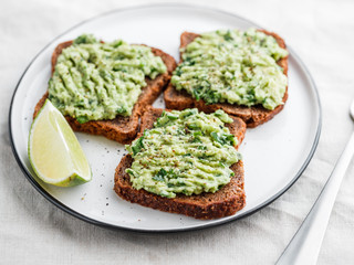 Three sandwiches with rye bread and mashed avocado on a plate. The concept of healthy vegetarian breakfast.