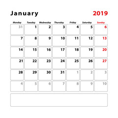 Calendar planner sheet for the month of January 2019, Week starts on Sunday.