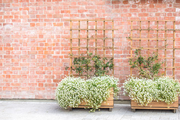 City park background. Red brick wall with wooden pergola with flowerbed