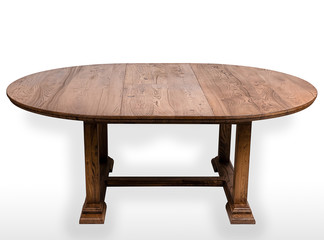 Large massive dining table of expensive mahogany in unfolded condition on white background with shadow