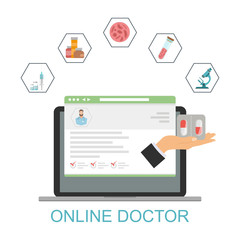 Online medical consultation, concept. Online telemedicine service, treatment via internet. Online consultation with the doctor. Vector illustration.