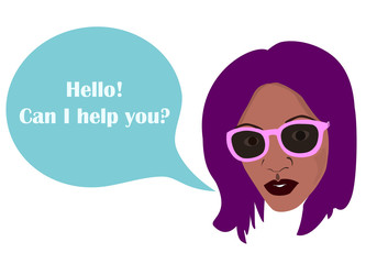 black african woman's face and comics balloon text Hello, can I help you? illustration representing female staff, vendor, consultant at the store, manager, virtual assistant. template for any text