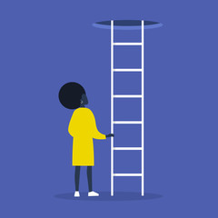 Young black female character holding a ladder. Going up. Successful career. Opportunities. Conceptual vector illustration, clip art