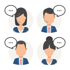 Fototapeta premium Female and male avatar chat set. Client services and communication, customer support, phone assistance, information, solutions. Vector