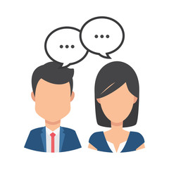 Fototapeta premium Female and male avatar chat set. Client services and communication, customer support, phone assistance, information, solutions. Vector