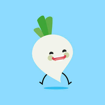turnip (Brassica rapa) with cute face. Illustration funny and healthy food cartoon. Blue background