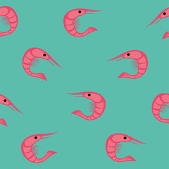 Seamless vector pattern with prawns on green background for textile, print, wrapping, kraft, cards...