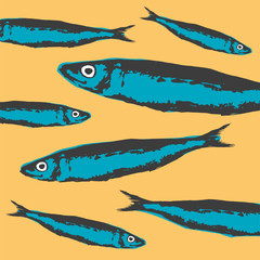 Vector seamless pattern of Portuguese sardines. Funny image to print on textiles, cards, ads, t-shirts... Sardine, Sardina pilchardus