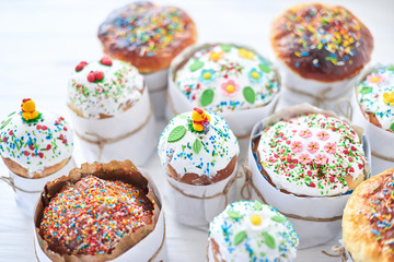 Easter cakes on a white wooden background