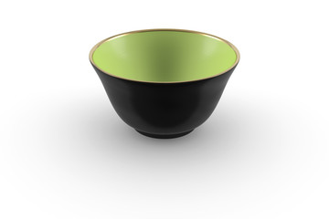 Black and green Japanese or Chinese porcelain empty tea bowl with gold edging