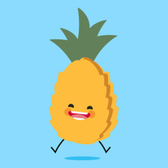 pineapple (Ananas) with cute face. Illustration funny and healthy food cartoon. Blue background