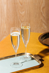 Flutes filled with sparkling Prosecco, in pop contemporary style. Prosecco is an italian white sparkling wine cultivated and produced in Valdobbiadene-Conegliano area.